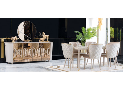 Iesszëmmer Set Grupp Garnitur Dësch nei Iessdësch 6x Still Komoud Spigel 9 Deeler