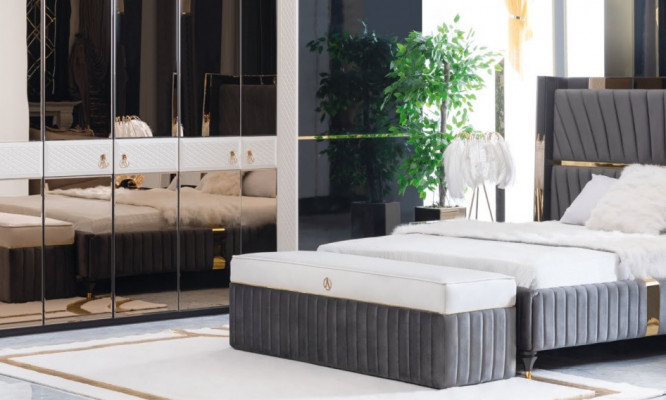 Schlofkummer Komplett Set Bett Nofschrëfft Hocker 5tlg Design Holz Miwwel Sets Nei