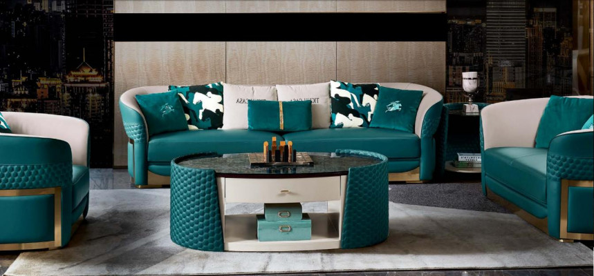 Couchtisch Holz Lieder Türkis Ovallen Modern Design Miwwel Luxus Wunnzëmmer 140x83