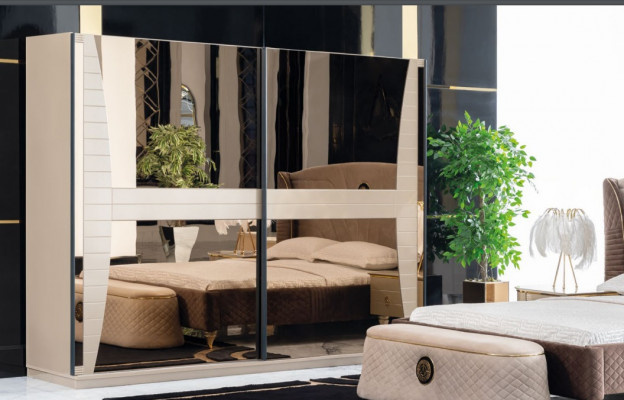 Luxus Set Schlofzëmmer Bett Nuetsdësch Kommode Hocker Grupp Garnitur Nei 5 Stéck.