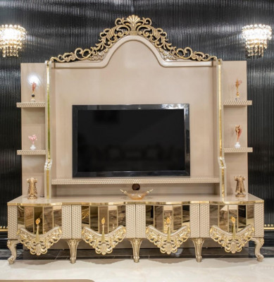 Luxus Wunnwand TV-Ständer RTV Lowboard Holz Wunnzëmmer Beige Miwwelen Sideboard