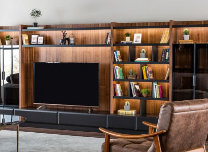 Wunnwand TV Miwwel Schranken Wunnzëmmer Vitrinn Modern Holz Brong