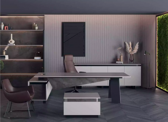 Gro Miwwelen fir d'Aarbechtszëmmer Schreibtisch Sideboard Bürosmiwwelen Modern Holz