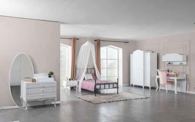 Himmelbett Metall Bett Schlofkummer Set Noläich Dësch Wäiss Miwwelen Schlofkummer 2-Deeler