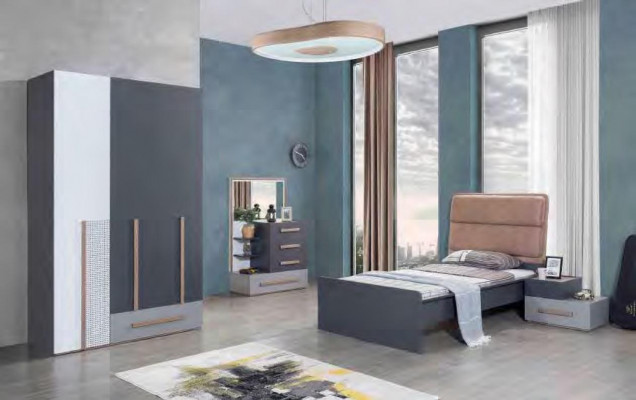 Jugendzëmmer Bett Kleederschaf Kommode Schreifdësch Kleederschaf 5 Deeler Set