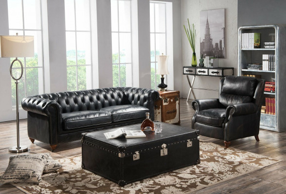 Chesterfield Sofa 3-Sëtzer mat Fotell Schwaarz Vintage Lieder Miwwelen Stil 2-Deeler. Neit