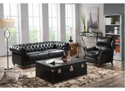 Chesterfield Sofa 3-Sëtzer mat Fotell Schwaarz Vintage Lieder Miwwelen Stil 2-Deeler. Neit