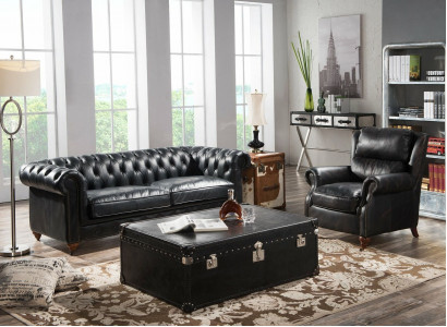 Chesterfield Sofa 3-Sëtzer mat Fotell Schwaarz Vintage Lieder Miwwelen Stil 2-Deeler. Neit