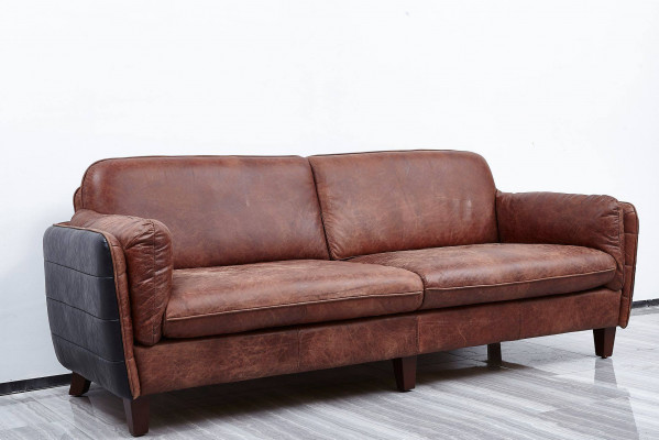 Luxus Vintage 3+2 Sëtzer Echtlieder Miwwel Wunnzëmmer Sofa Suite Loft Garnituren