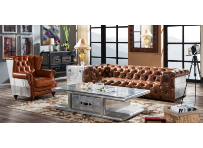 Ledersofa Sofa 3 Sëtz Vintage Lieder Miwwelen Dräisëtzer Canapé Aluminium Canapéen