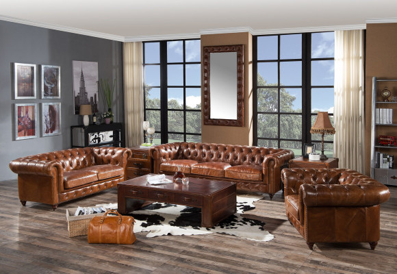 Design Club Lounge 4 Sëtzer Canapé Liederkanapee Drësëtzer Vintage Lieder Chesterfield