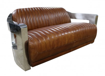 Sofa Vintage 2-Sëtzer Ledersofa am Retro Stil Echtlieder Aluminium Nieten Miwwelen