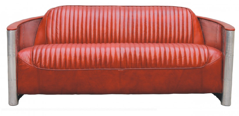 Echthelleder Design Vintage Designsofa dräifach Aluminium Sofa 3-Sëtzer Bordaux
