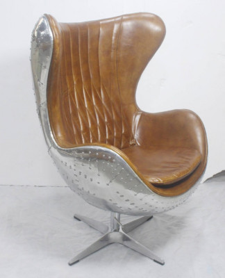 Vintage Fauteuil Aluminium Echtleder Wippfunktioun Eierstull egg Braun