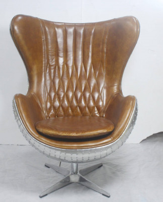 Vintage Fauteuil Aluminium Echtleder Wippfunktioun Eierstull egg Braun