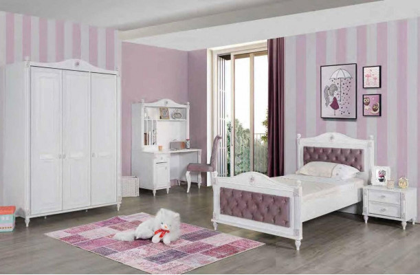 Jugendzëmmer Bett Nuetsdësch Kleederschaf Schreifdësch Schlofzëmmer 4-Stéck Set