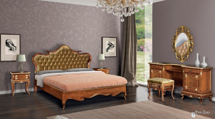 Schlofzëmmer Bett Nuetsdësch Buedemolldësch Hocker Polsterbett Duebelbett Set 5-Teileg