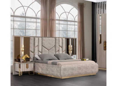Schlofzëmmer Duebelbett Garnitur Bett Nuetsdëscher 3tlg Beige Luxus