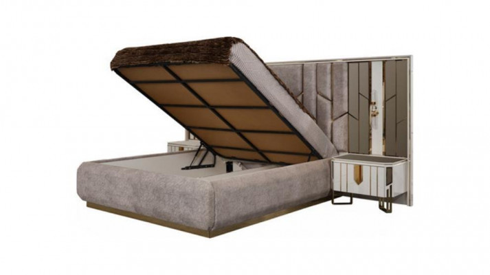 Schlofzëmmer Duebelbett Garnitur Bett Nuetsdëscher 3tlg Beige Luxus