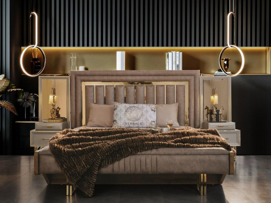 Komplett Schlofzëmmermiwwelen Duebelbett Bett Nuetsdëscher Beige 3 Deeler.