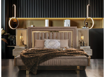 Komplett Schlofzëmmermiwwelen Duebelbett Bett Nuetsdëscher Beige 3 Deeler.
