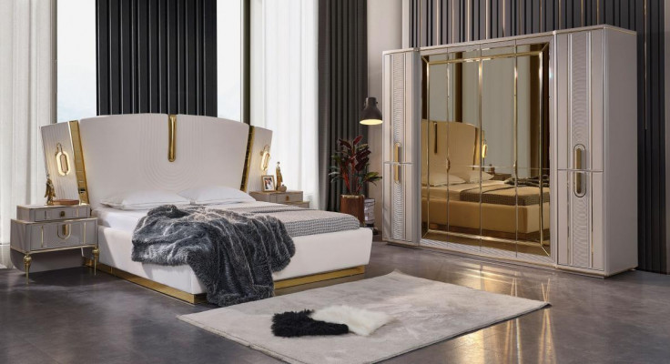 Duebelbett Garnitur Schlofzëmmer Bett Nuetsdëscher 4tlg Beige Schaf