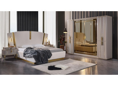 Duebelbett Garnitur Schlofzëmmer Bett Nuetsdëscher 4tlg Beige Schaf