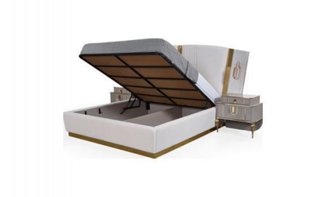 Duebelbett Garnitur Schlofzëmmer Bett Nuetsdëscher 4tlg Beige Schaf
