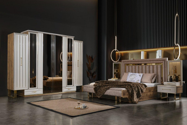 Komplett Schlofkamméismöbel Duebelbett Bett Nuetsdëscher Beige 4 Stéck