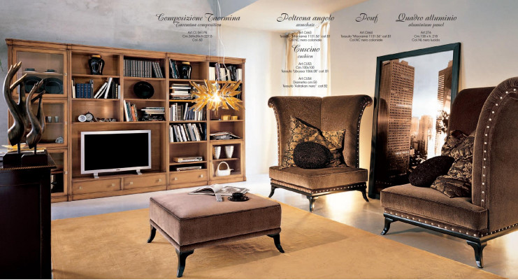 Wunnzëmmer moderne Stil Wunnzëmmer Wunnwand 3tlg Hocker 2 Fauteuils Miwwelen Italien