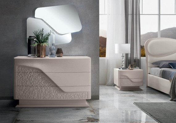 Garnitur Set 6 Stéck Schlofzëmmer Bett Nuetsdësch Kleederschaf Kommode Spigel