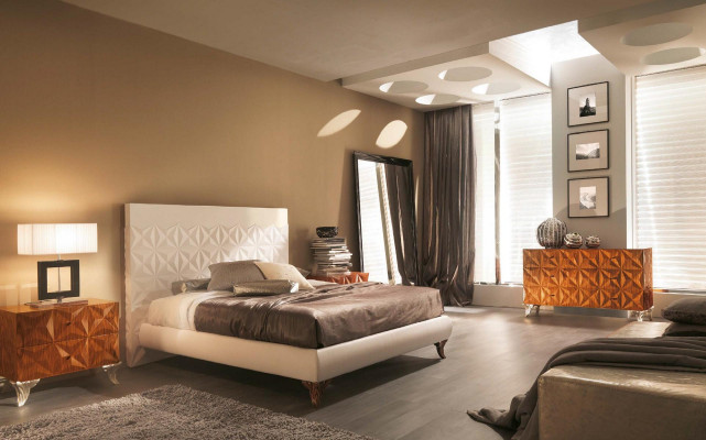 Bettendesign Miwwel Ariichtung 3 Deeler Schlofzëmmer Set Bett mat 2 Nuetsdëscher