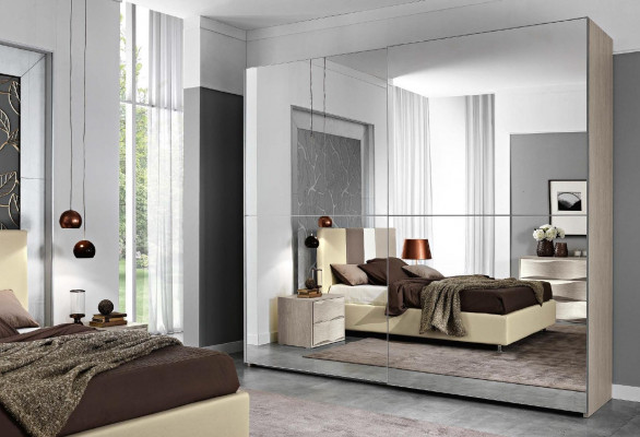 Garnitur Set 6 Deeler Schlofzëmmer Bett Nuetsdësch Kommod Spigel Kleederschaf