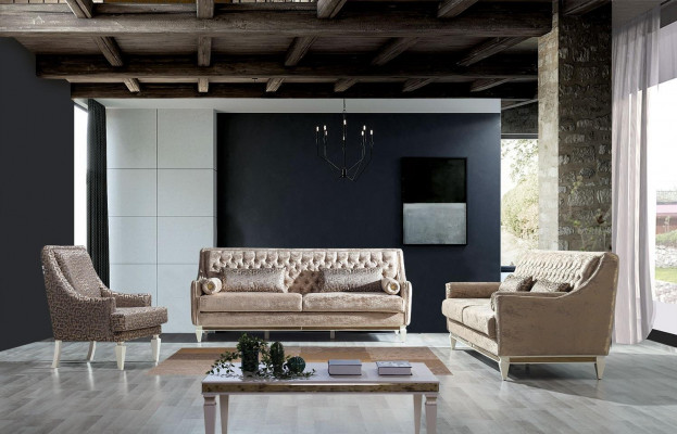 Beige Chesterfield Canapé-Suite 4+3 Sëtzer Stilvollen Sëtz Design Set