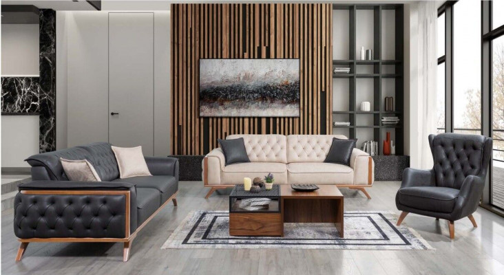 Stilvoll schwaarz-beige Wunnzëmmer Sofagarnitur 3+3+1 Sëtzer 3-deelige Set