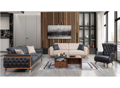 Stilvoll schwaarz-beige Wunnzëmmer Sofagarnitur 3+3+1 Sëtzer 3-deelige Set