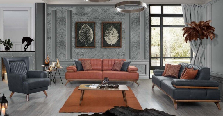 Designer Wohnzimmer Garnitur aus Kënschtlecher Lieder Sofas Ledersessel 3-Deeler Miwwel Set