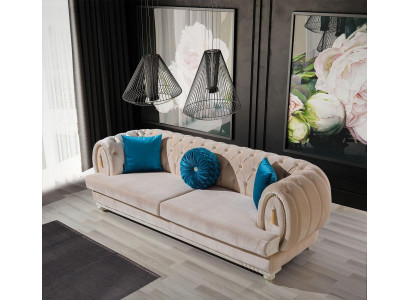 Beige Chesterfield Polster Canapé Designer Dräisëtzer Stoffsofa 3-er