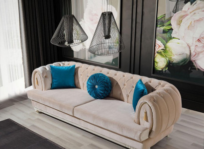 Beige Chesterfield Polster Canapé Designer Dräisëtzer Stoffsofa 3-er