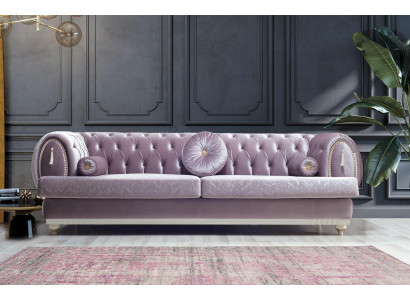Lila Chesterfield Dräisëtzer Designer 3-Sëtz Polstersofa Holzgestell