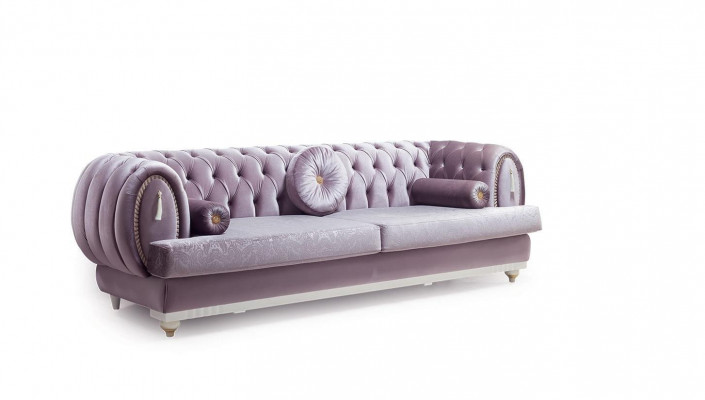 Lila Chesterfield Dräisëtzer Designer 3-Sëtz Polstersofa Holzgestell