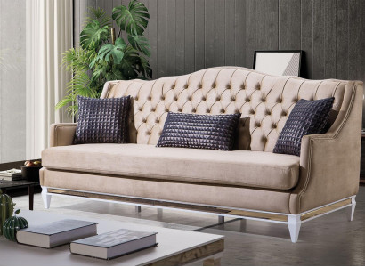 Beige Chesterfield Dräisëtzer Luxus Textilsofadesigner Stoffcanapéen
