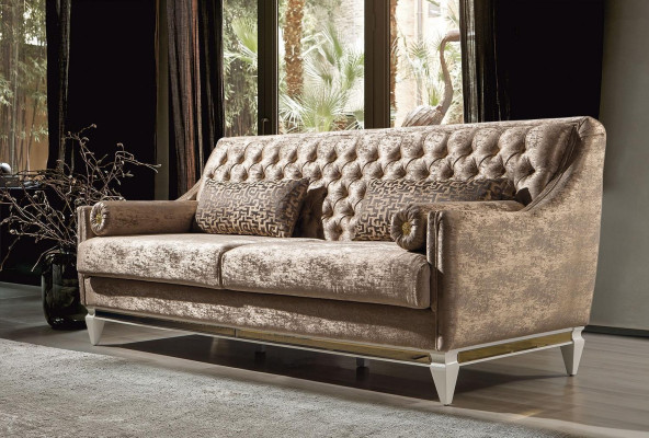 Beiger 3-Sëtzer Textilssofa Chesterfield Dreesëtz Polstersofa Couch 3-er