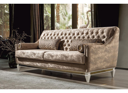 Beiger 3-Sëtzer Textilssofa Chesterfield Dreesëtz Polstersofa Couch 3-er