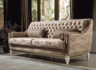 Beiger 3-Sëtzer Textilssofa Chesterfield Dreesëtz Polstersofa Couch 3-er
