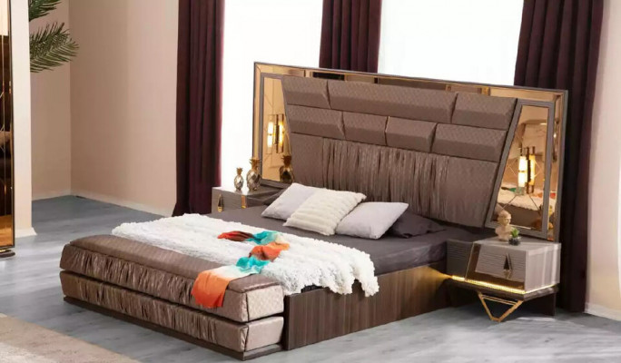 Duebelbett Modern Schlofzëmmer Garnitur Luxus Gold Bett Set 4 Stéck Beige