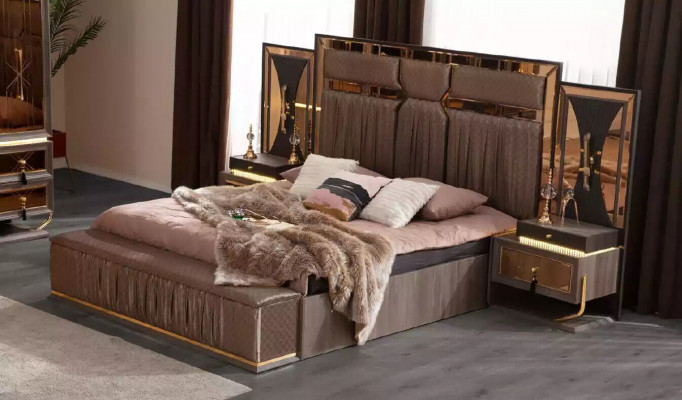 Double Bed Set Beige Kommoden Schlofzëmmer Bett Set 4 Deeler Bänksche.