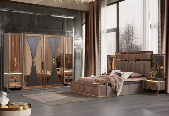 Double Bed Set Beige Kommoden Schlofzëmmer Bett Set 4 Deeler Bänksche.