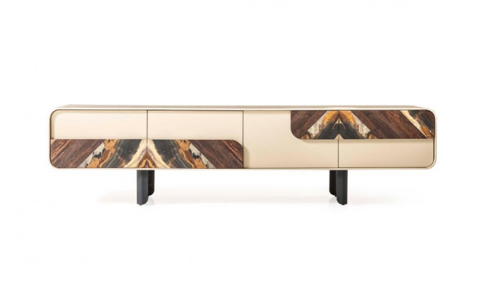 TV Ständer RTV Lowboard Säitenaart Holzbësch Beige Wunnzëmmer Wunnwand Miwwelen