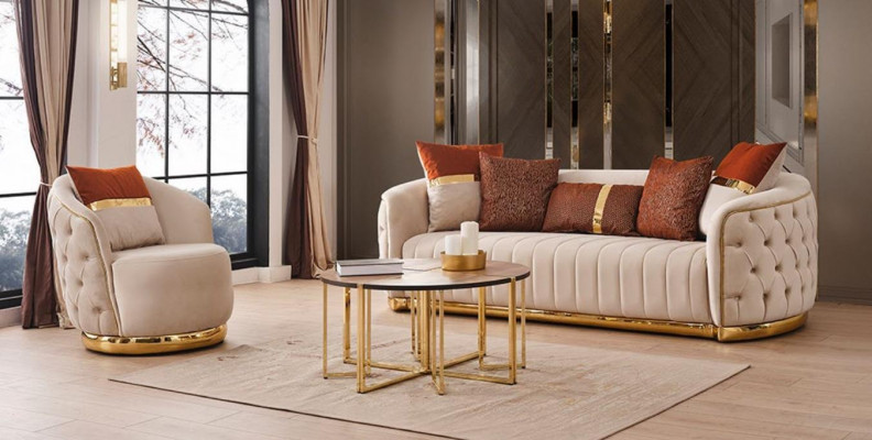 Set 2 tlg Wunnzëmmer Sofagarnitur Dräisitze Sofa Canapé Modern Fotell Stoff